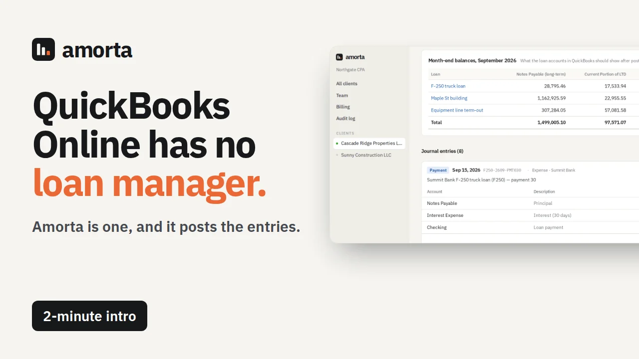 QuickBooks Online has no loan manager. Amorta is one, and it posts the entries. 2-minute intro.