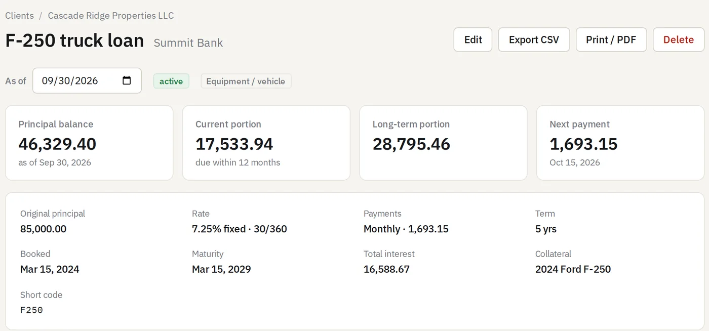 A loan in Amorta: principal balance, current and long-term portions, next payment, loan terms and the amortization schedule.